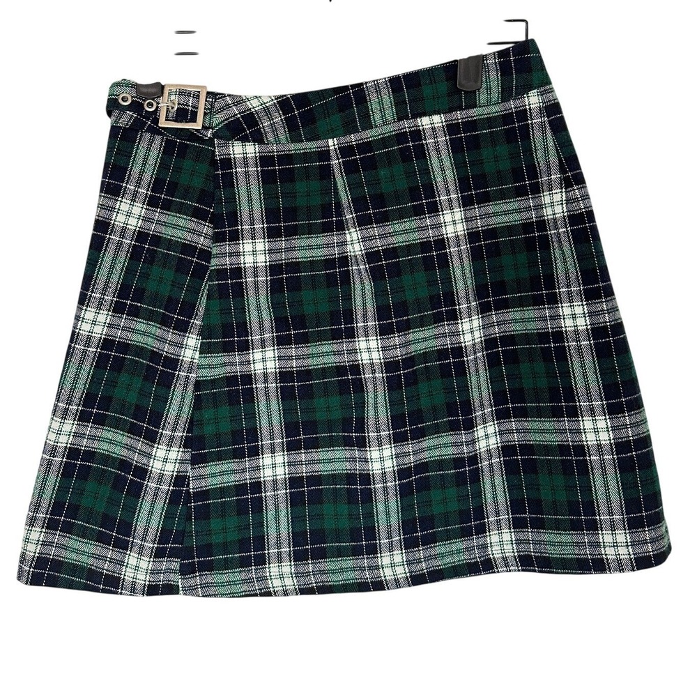 John Galt Brandy Melville Green Plaid Wrap Mini Skirt Buckle Accent XS S